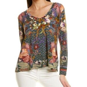 Johnny Was Aran Flower Favorite Floral Long Sleeve Women's Top V neck Swing Tee